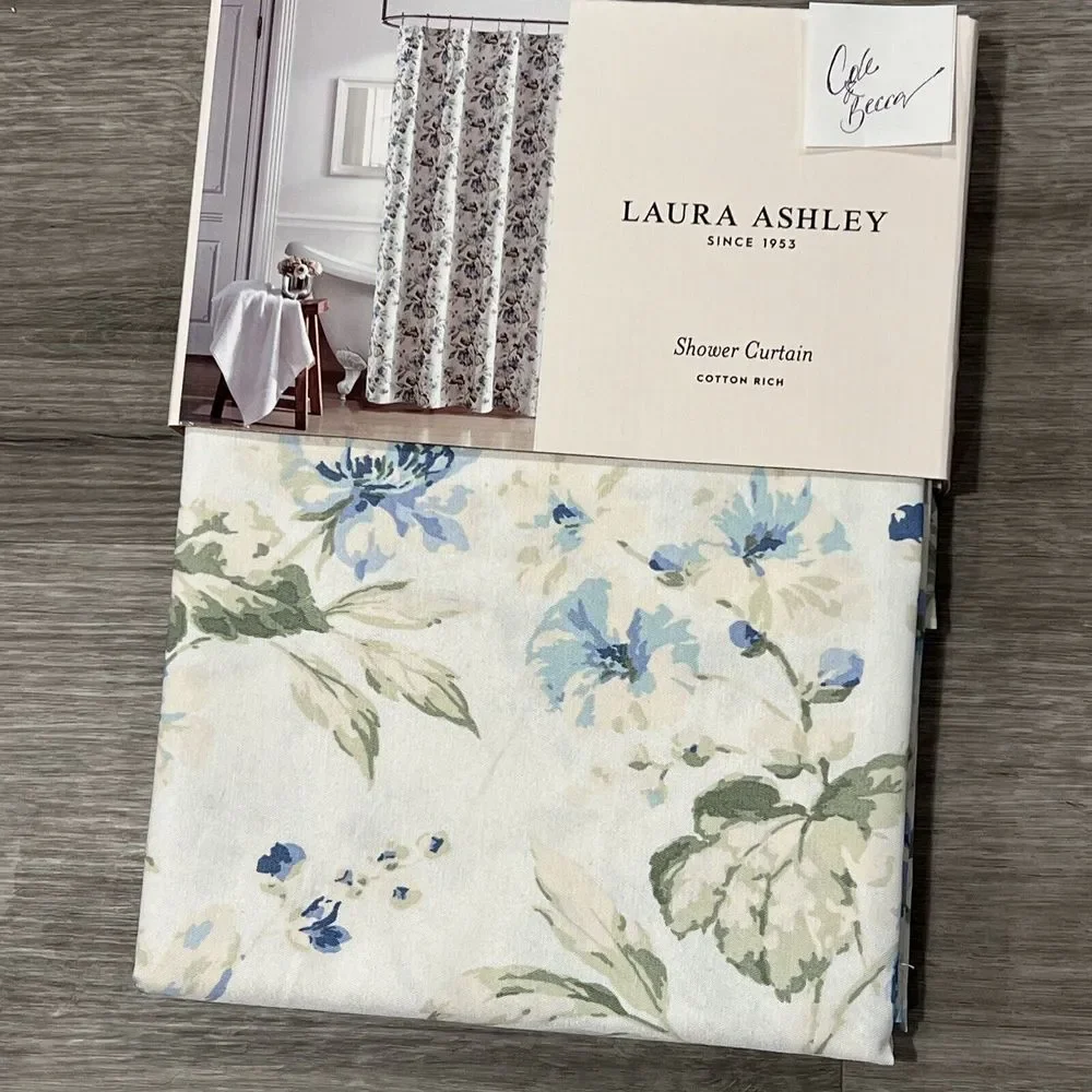 LAURA ASHLEY Shower Curtain Blue Floral Green Leaves 72
